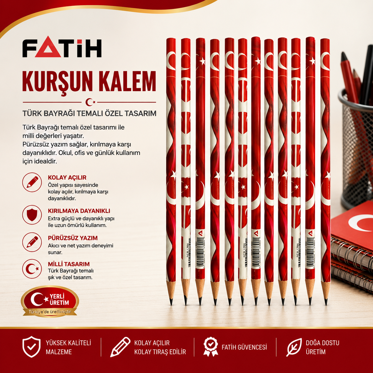 ✏️ Fatih Türk Bayrağı Desenli Kurşun Kalem